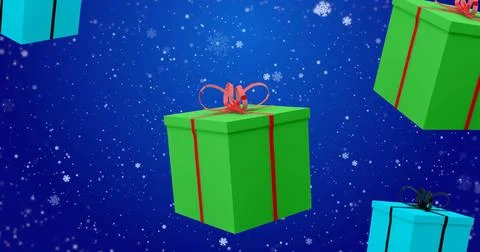 Floating green gift box with red ribbon in blue backdrop, black-ribboned blue Stock Illustration