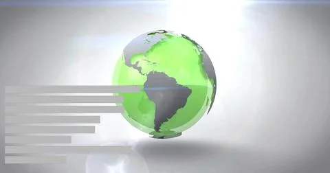 Floating green-gray globe hovering right of center above shiny floor, with gray Ilustração Stock
