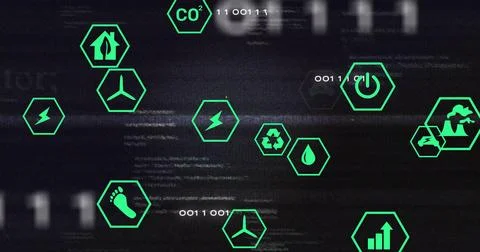 Floating green hexagonal eco and energy icons over dark glitch-effect 库存插图