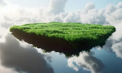 Floating green island in the sky surrounded by clouds creates a dreamy land.. Stock Footage 295884292