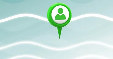 Floating green location pin featuring user silhouette in teal background, Foto stock