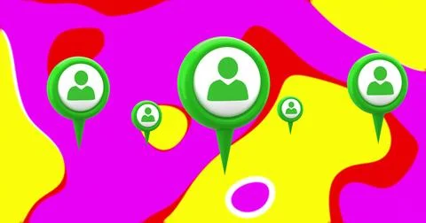 Floating green map pointer icon hovering over digital fluid shapes, with white Foto stock