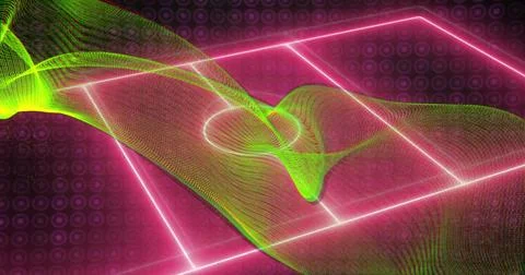 Floating green mesh wave twisting over neon-lit plane with neon pink grid and 스톡 사진