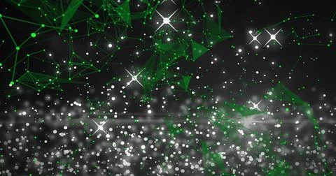 Floating green node network shifting across dark virtual void, with lines, Stock Illustration