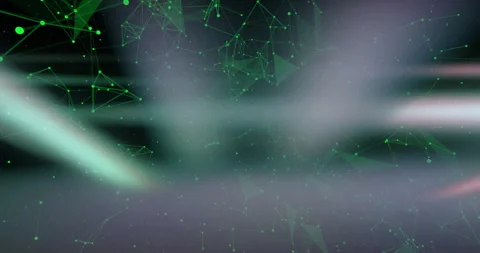 Floating green nodes and lines forming triangular mesh over dark gradient with Stock Footage 309092772