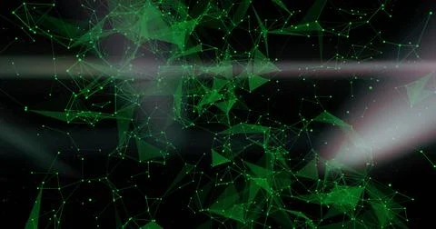 Floating green polygonal network forming depth in dark void with glowing nodes, Illustrazione stock