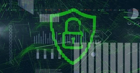 Floating green shield displaying padlock icon over dashboard, with bar charts Stock Photos