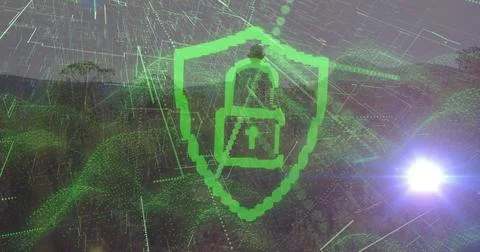 Floating green shield icon in forest, with padlock symbol, data streams, grid Illustrazione stock
