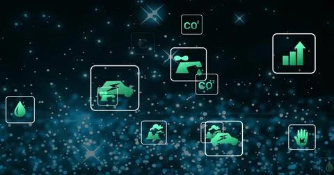 Floating green tile cluster moving across teal dashboard, with electric car,  스톡 일러스트