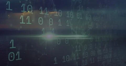 Floating green-tinted binary digits overlaying dusk seascape at open sea, with Stock Photos