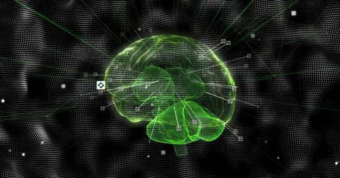Floating green wireframe brain glowing in digital data field, with square nodes Stock Photos