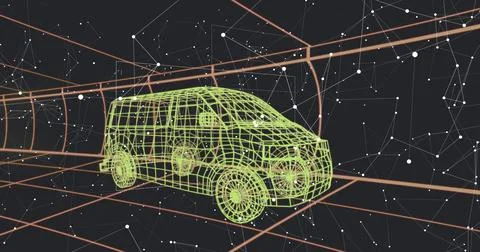 Floating green wireframe van model rotating within orange grid tunnel, with Illustrazione stock