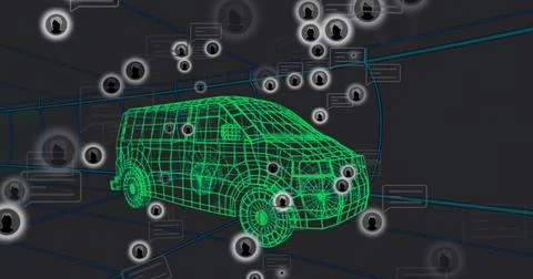 Floating green wireframe van occupying virtual 3D network space, with avatar Illustrazione stock