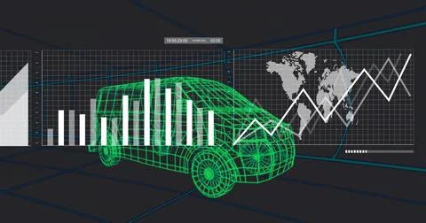 Floating green wireframe van in simulation chamber showing white bar chart and Illustrazione stock