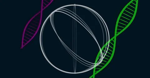 Floating grey wireframe sphere rotating in dark illustration, with magenta and Stockillustratie
