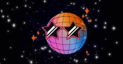 Floating grid disco ball wearing pink star sunglasses in space with white sta Stock Illustration