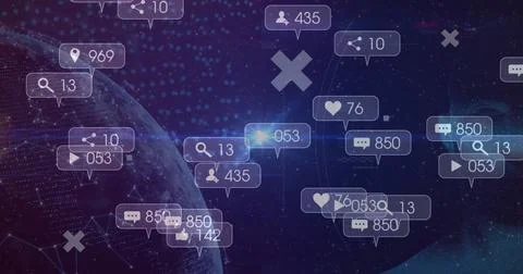 Floating grid-lined planet rotating in cosmic space, with notification icons, 스톡 일러스트