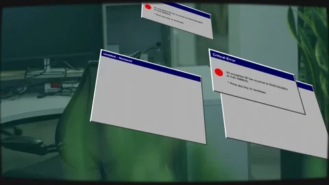 Floating GUI windows appearing and pivoting along rail over desk, showing error Stock Footage 333790336
