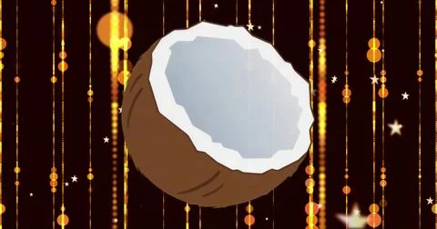 Floating half coconut shell showing white flesh in abstract digital studio, w Stock Illustration