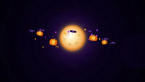 Floating halloween pumpkins and neon bats orbit bright moon in dark starry .. Stock Footage 342784419
