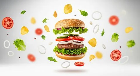 Floating Hamburger With Ingredients Stock Illustration