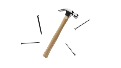 A floating hammer and nails isolated on white Stock Footage 339340371