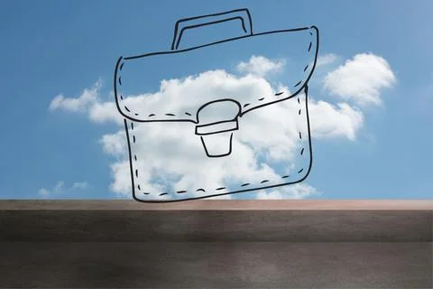 Floating hand-drawn briefcase sketch drifting above concrete ledge under bright Ilustração Stock