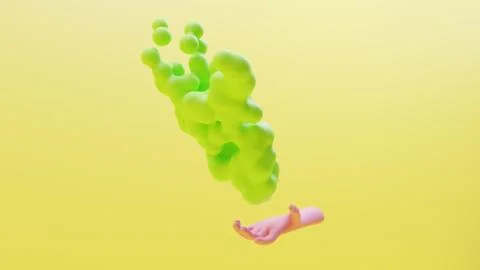 Floating hand with green bubbles on yellow background Stock Illustration