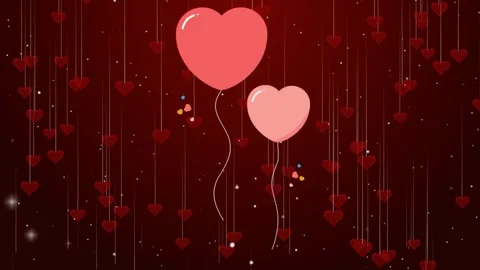 Floating heart balloons and hanging heart ornaments against a dark red Stock Footage 338992116