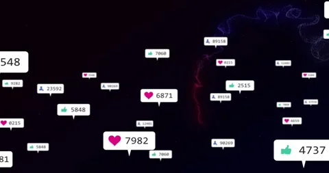 Floating heart spawning badges with changing counts fading amid red-purple Stock Footage 317206995