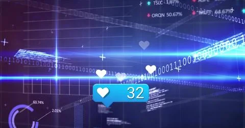 Floating hearts and binary code passing blue speech-bubble counter showing 32 写真素材