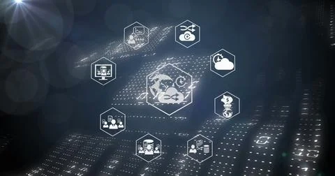 Floating hex cluster glowing over dotted matrix in cyberspace, with globe-sync Stock Photos