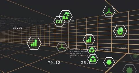 Floating hex data icons moving through orange grid tunnel, showing green symbols Stock Illustration