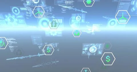 Floating hex icons and clear panels shaping virtual HUD, showing radar, 스톡 일러스트