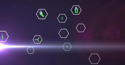 Floating hex icons glowing on dark gradient with neon green eco symbols and lens 스톡 일러스트