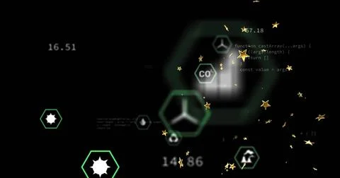 Floating hexagon cluster dominating dark HUD, showing tri-prong symbol, numbers Stockillustratie