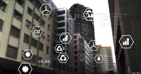 Floating hexagonal AR icons and numeric readouts hovering over downtown street Stock Photos