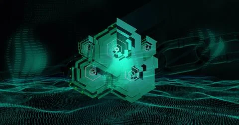 Floating hexagonal construct pulsing with cores above data plane, showing Stock Photos