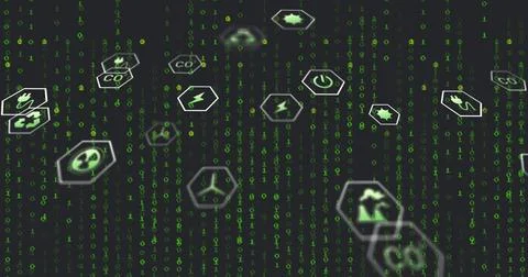 Floating hexagonal icons showing CO2, recycling, wind and solar energy in binary Stock Photos