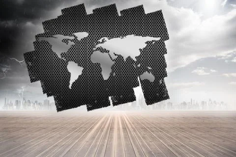 Floating hexagonal metal map is hovering against skyline in 3D render under Stock Photos