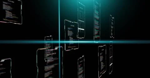Floating hologram code panels reflecting crossing cyan beams in virtual void, Foto stock