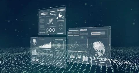 Floating hologram dashboards with pixelated globe showing charts above dotted Illustrazione stock