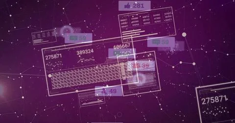 Floating hologram keyboard and data panes glowing over purple network, with Stock Illustration
