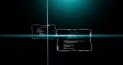 Floating hologram UI panels hovering in HUD void, forming cyan crosshair and Stock Photos