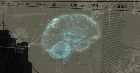 Floating holographic 3D brain model marking red regions in data dashboard, with 스톡 사진