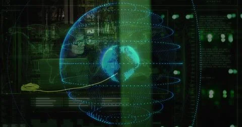 Floating holographic 3D globe displaying network rings in data center, with イラスト素材