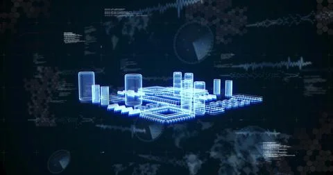 Floating holographic 3D model hovering above dark grid in virtual interface, Illustrazione stock