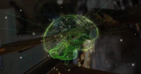 Floating holographic 3D wireframe brain model displaying data in workshop, with Stock Illustration