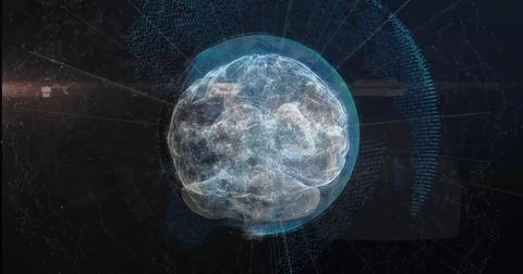 Floating holographic brain emitting data nodes on network lines in grid, Stock Illustration