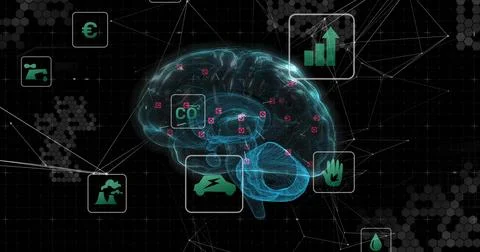 Floating holographic brain model pulsing in data space, with CO2, lightning and Stock Photos